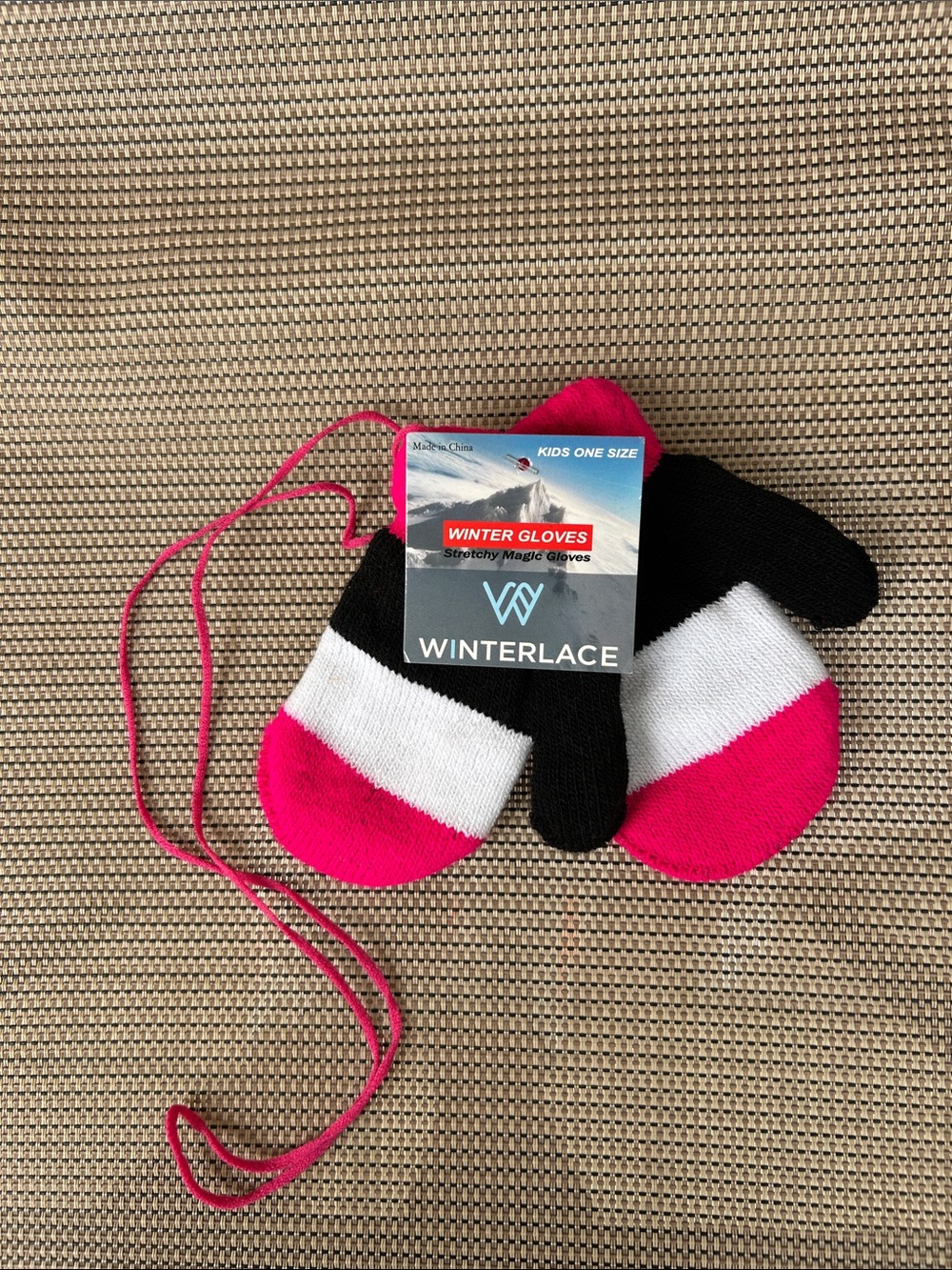 Kids Pink, White & Black Mittens with String